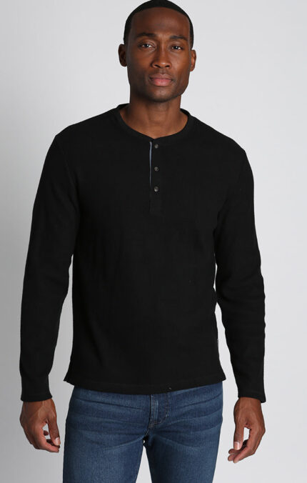 Black Brushed Waffle Fleece Henley