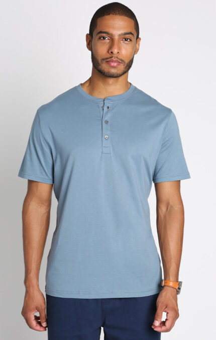 Blue Pima Cotton Short Sleeve Henley