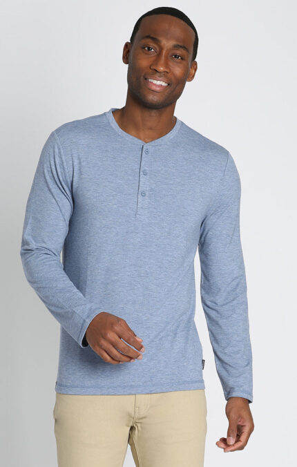 Blue Stretch Long Sleeve Poly Viscose Henley