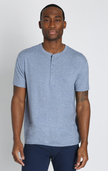Blue Stretch Poly Viscose Short Sleeve Henley