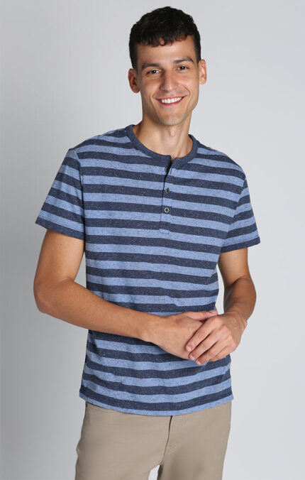 Light Blue Striped TriBlend Short Sleeve Henley